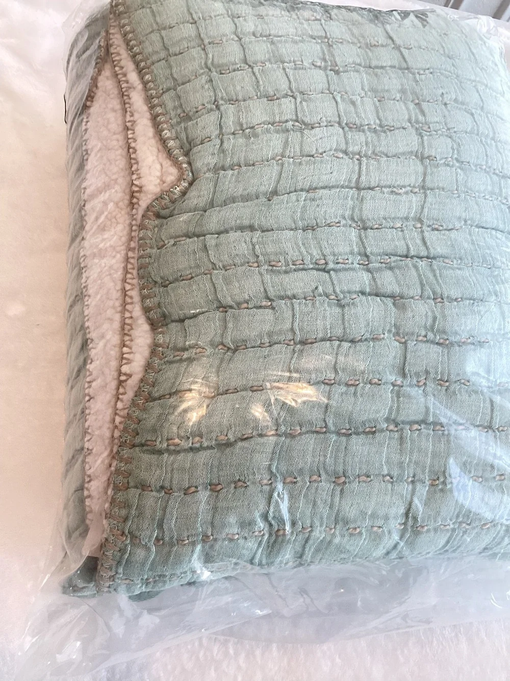 Anthropologie Throw Blanket Mira Cotton Sherpa Fleece Reverse Woven New Green